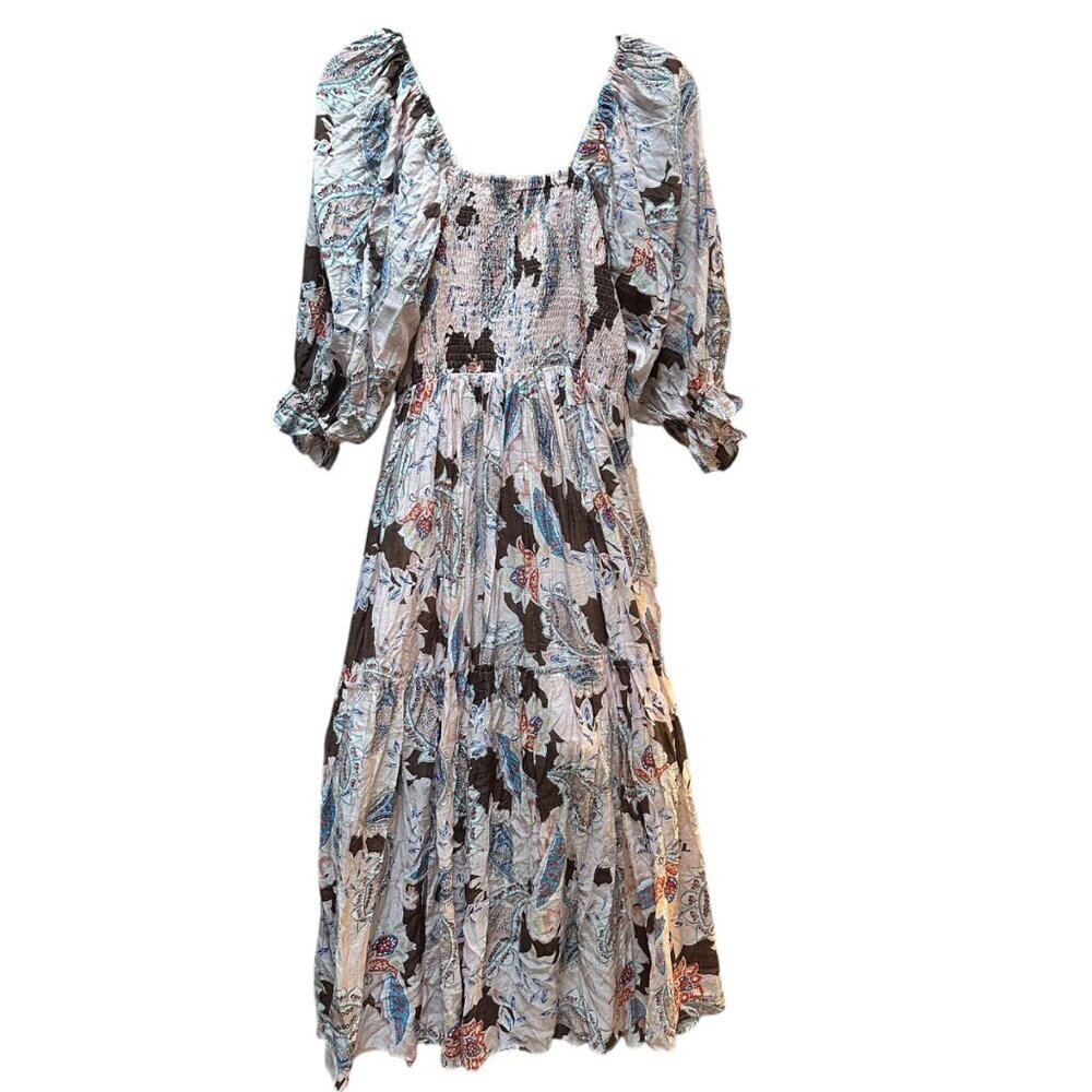 Fabrik Womens Dress Bohemian Floral Maxi Smocked Bodice Puff‎ Sleeves Cottage L
